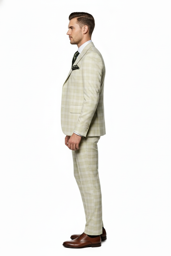 Mens Light Beige Check 3-Piece Suit Set  Premium Tailored Fit Formal Wedding and Spring Event Suit Light Tan Sand Color By Rossiman