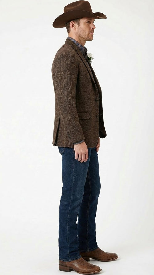Mens Brown Western Tweed Herringbone Blazer Jacket  Classic Cowboy Style Sport Coat for Wedding Party
