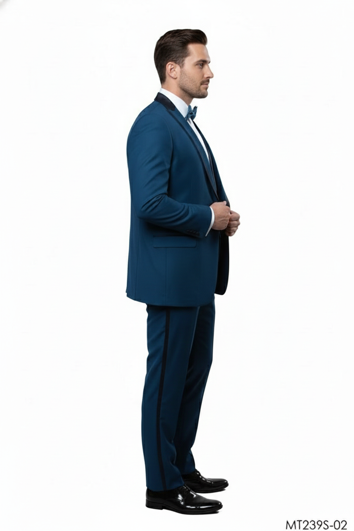 Mens Teal Blue Tuxedo 3-Piece Formal Suit with Satin Shawl Lapel, Vest, and Pants in Saphire Cobalt Blue Color