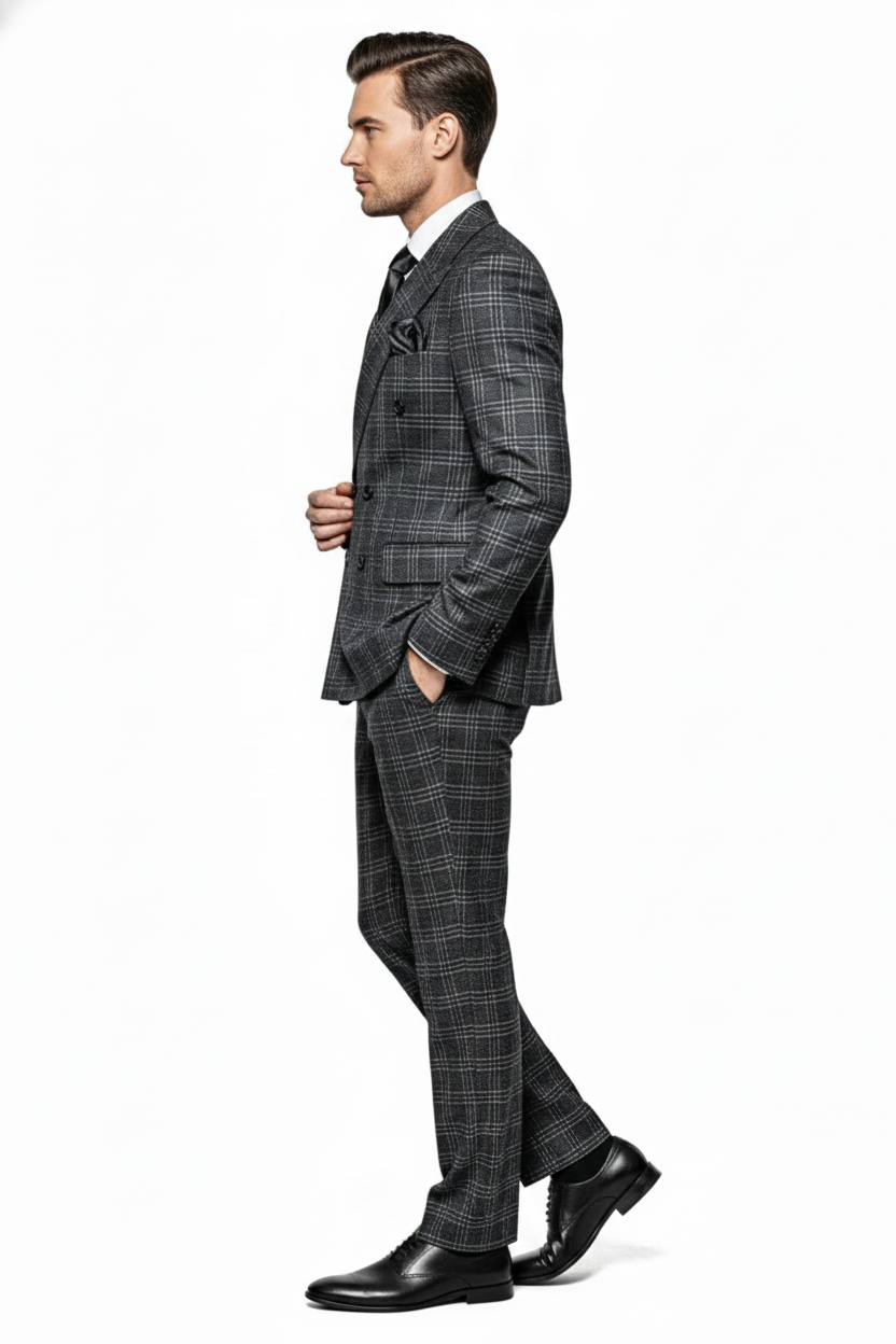Men’s Charcoal Plaid Double-Breasted Suit –  Tailored Pants Windowpane Pattern By Rossiman - 34 Short or Extra Small