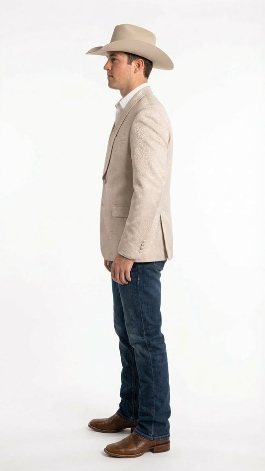 Men’s Tan Khaki Beige Cream Champaign Paisley Western Blazer Jacket, Embossed Dress Sport Coat for Wedding Party Rodeo Style