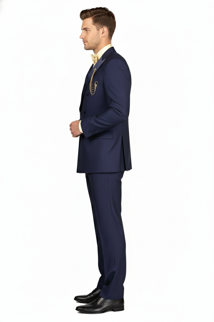 Mens Navy Blue Double-Breasted Tuxedo with navy Satin Peak Lapel Wedding Suit