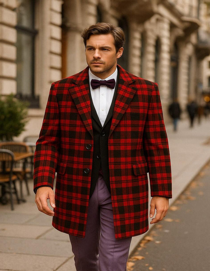 Mens Red and Black Plaid Wool Overcoat - Tartan Texture Fabric Christmas Carcoat