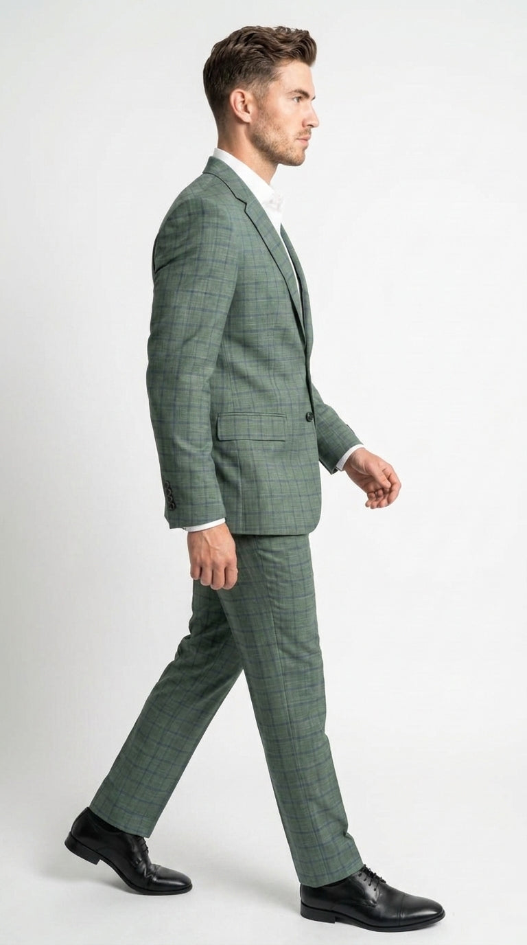 Men’s Tartan olive Green with blue checker Windowpane 2-Piece Suit – Modern Fit Plaid, Business and Formal Suit english styl - 34 Short or Extra Small