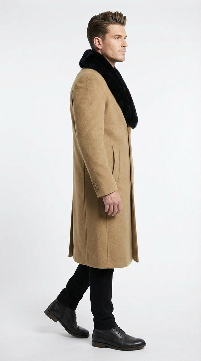 Mens Camel Tan Long Overcoat with Black Faux Fur Collar - Wool Topcoat Three if not Full length - Three Quarter