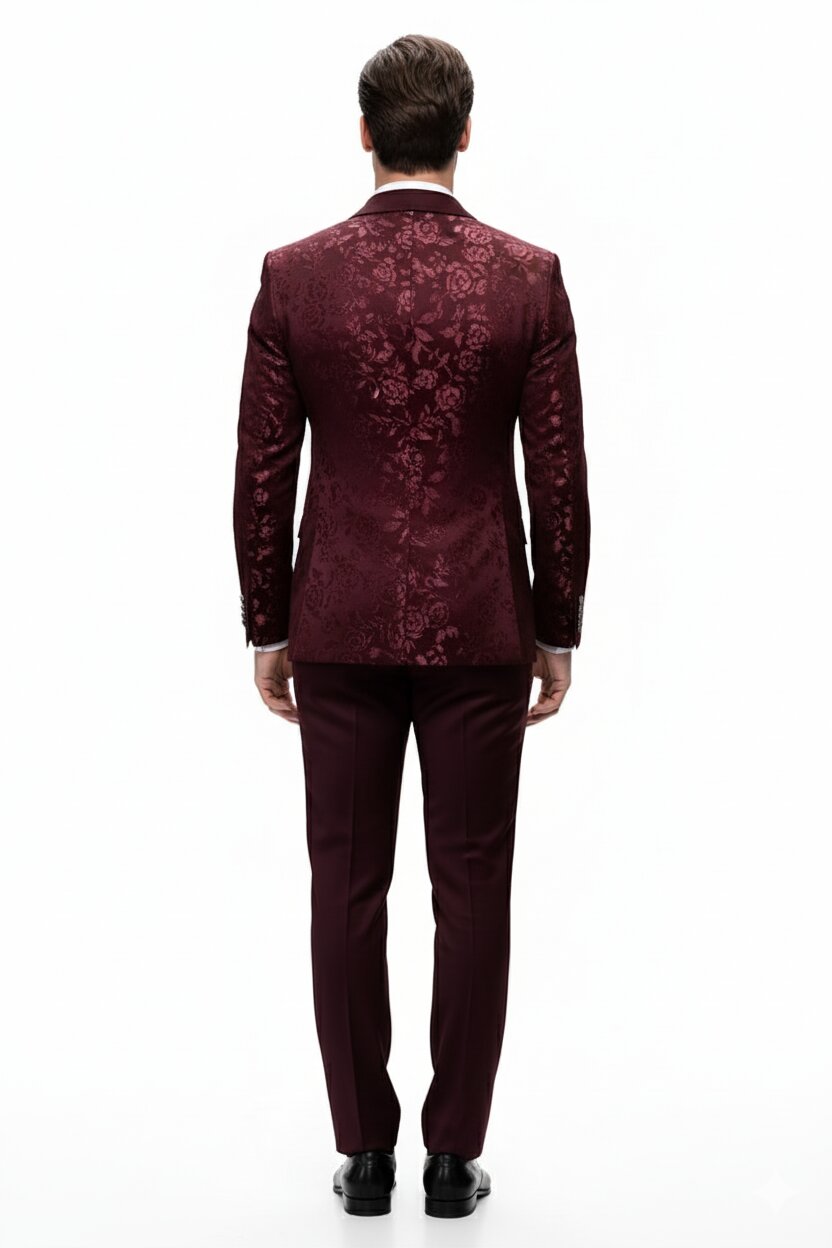 Mens Burgundy Floral Jacquard Tuxedo Dinner Jacket Paisley Velvet Lapel Formal Wear for Weddings and Prom