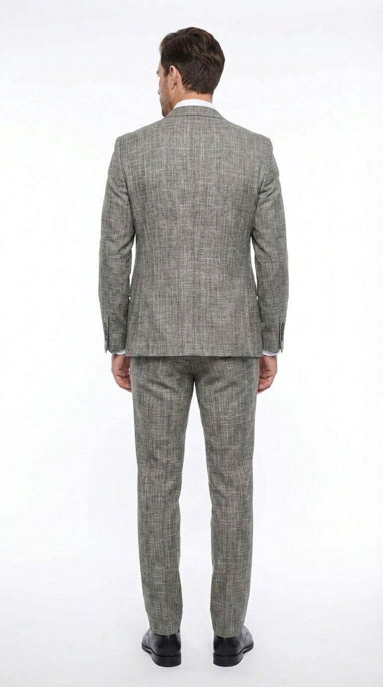 Vitali Brand Men’s Grey Textured Patterned 3 Piece Suit – Modern Fit Checkered Sharkskin with Blazer, Vest & Trousers, Business Wedding - 34 Short or Extra Small