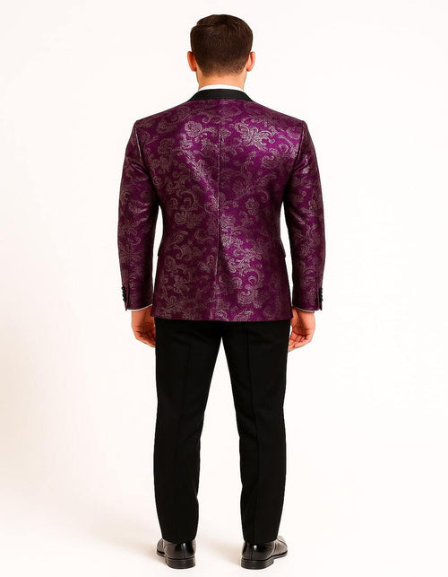 Men's Pinkish ~ Purple Paisley Tuxedo Jacket with Black Satin Lapel Formal Prom and Wedding Blazer in Meganta Color