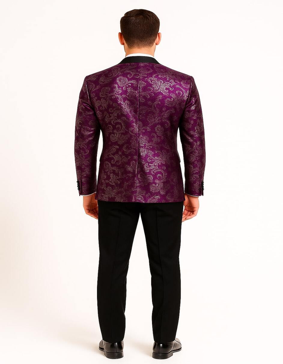 Men's Pinkish ~ Purple Paisley Tuxedo Jacket with Black Satin Lapel Formal Prom and Wedding Blazer in Meganta Color - 34 Short or Extra Small