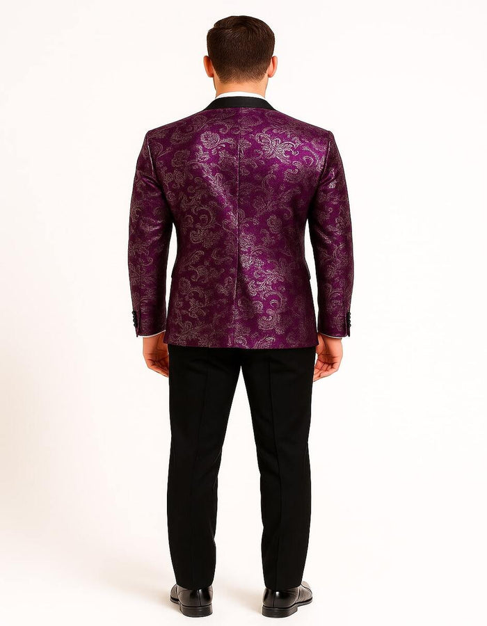 Men's Pinkish ~ Purple Paisley Tuxedo Jacket with Black Satin Lapel Formal Prom and Wedding Blazer in Meganta Color