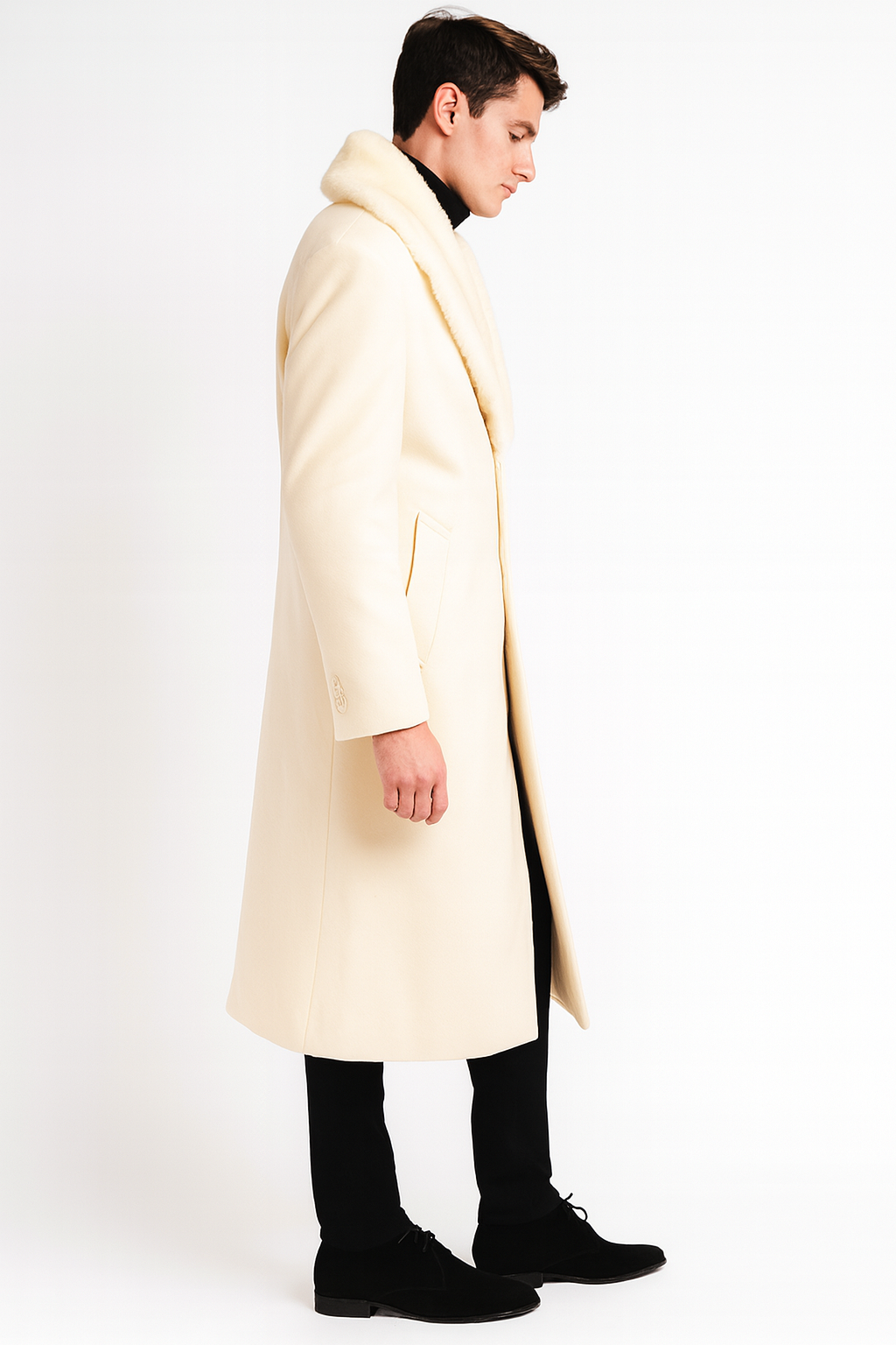 Men’s Ivory - Cream - Off White Full-Length Overcoat with Luxurious Faux Fur Shawl Collar – Winter Dress Coat - Coat Size 36