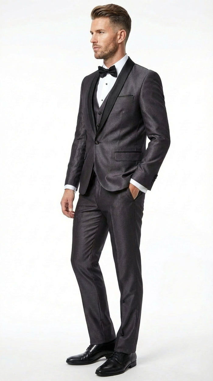 Mes Shiny Sateen Charcoal Gray Tuxedo 3 Piece Suit with Black Shawl Lapel | Formal Wedding Prom Suit Sharkskin