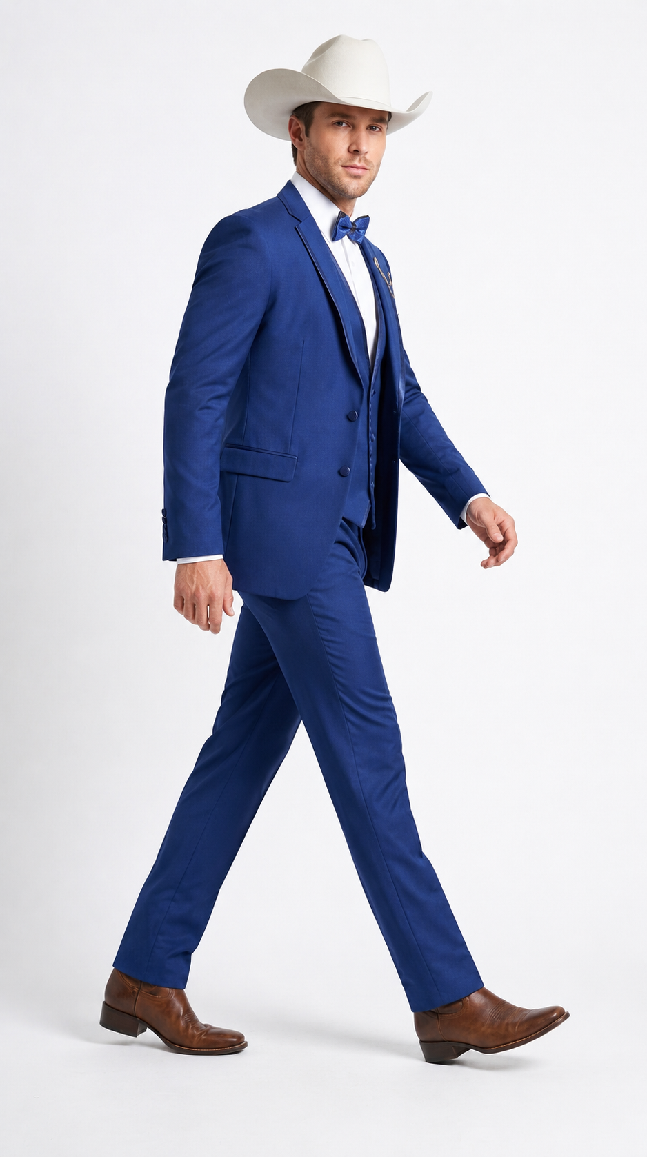 Men’s Blue Western Tuxedo Suit, 3 Piece Cowboy Formal Wedding Prom Suit with Satin Trim