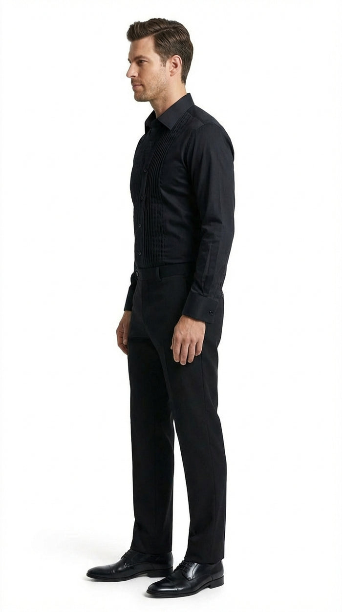 Mens Black Pleated Tuxedo Dress Shirt | Formal Laydown Collar Button-Up Shirt for Weddings & Black Tie By Tiglio