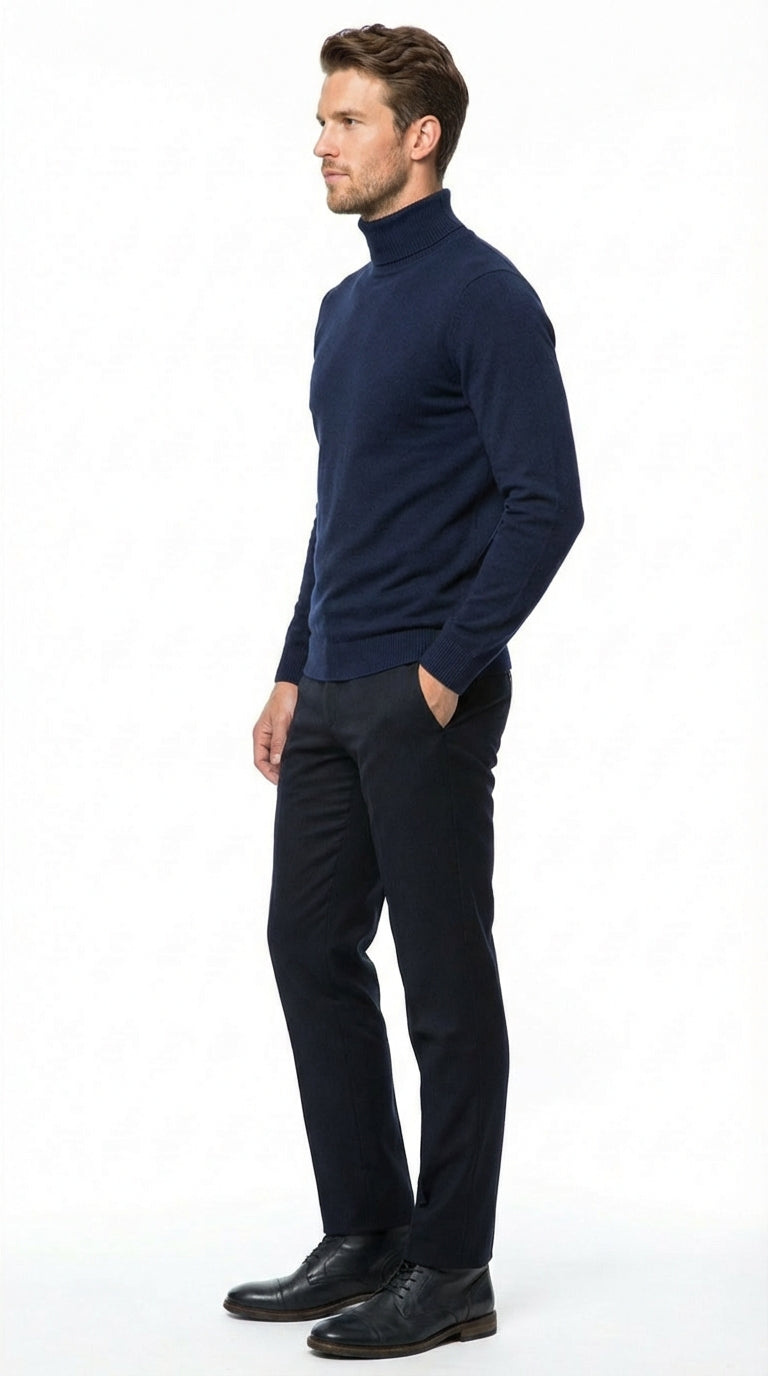 Mens Navy Blue Turtleneck Sweater Pullover | Cotton Blend Long Sleeve Knit Top for Casual & Smart Wear