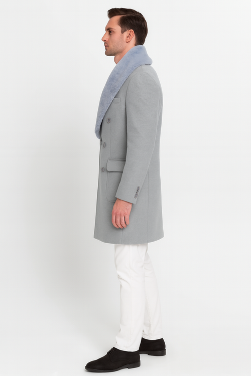 Mens Light Grey Double Breasted Overcoat with Faux Fur Shawl Collar â€“ Winter Luxury Coat Wool Fabric