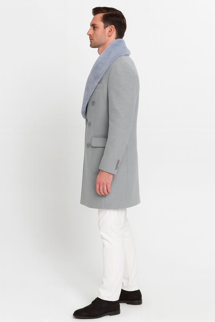 Mens Light Grey Double Breasted Overcoat with Faux Fur Shawl Collar â€“ Winter Luxury Coat Wool Fabric