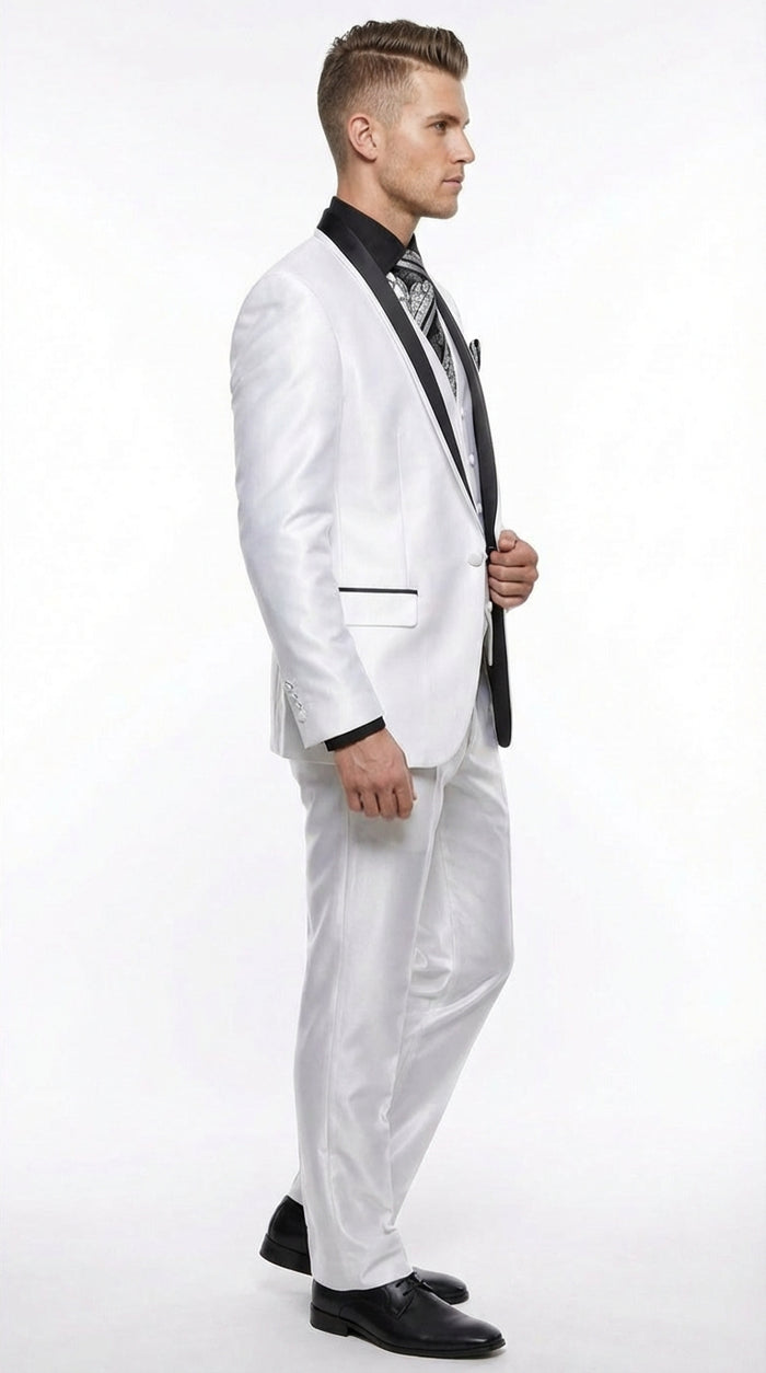 Mens White Shiny Flashy Fabric Tuxedo Suit with Black Shawl Lapel | Luxury Formal Wedding and Evening Suit Sharkskin Metallic Fabric