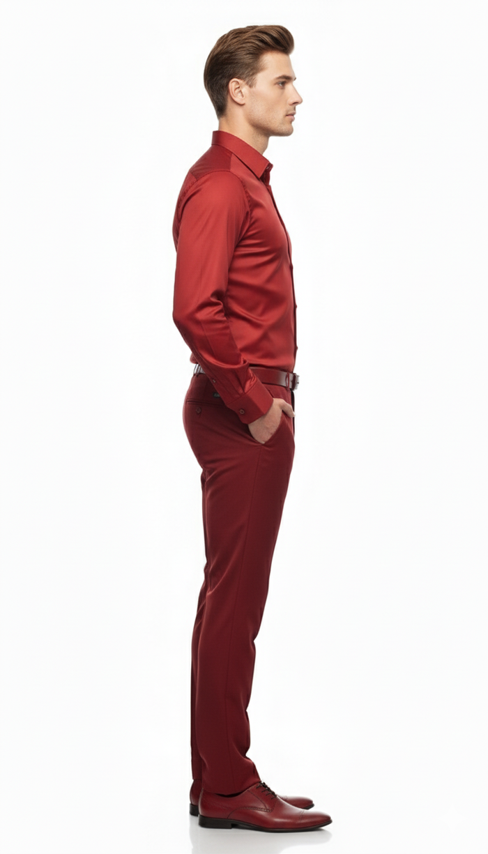 Mens Red Satin Dress Shirt Luxury Long Sleeve Formal Shirt for Parties, Weddings, and Business Wear