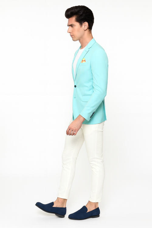 Mens Aqua Blazer Slim Fit One Button Suit Jacket with Stylish Floral Inner Lining - Light Turquoise