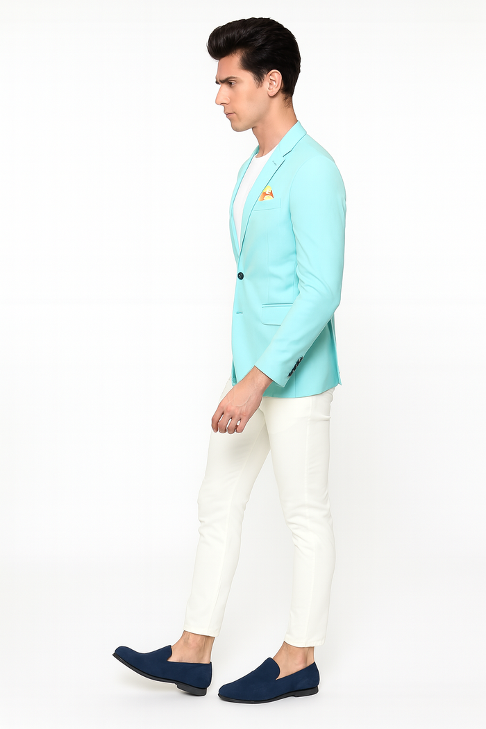 Mens Aqua Blazer Slim Fit One Button Suit Jacket with Stylish Floral Inner Lining - Light Turquoise
