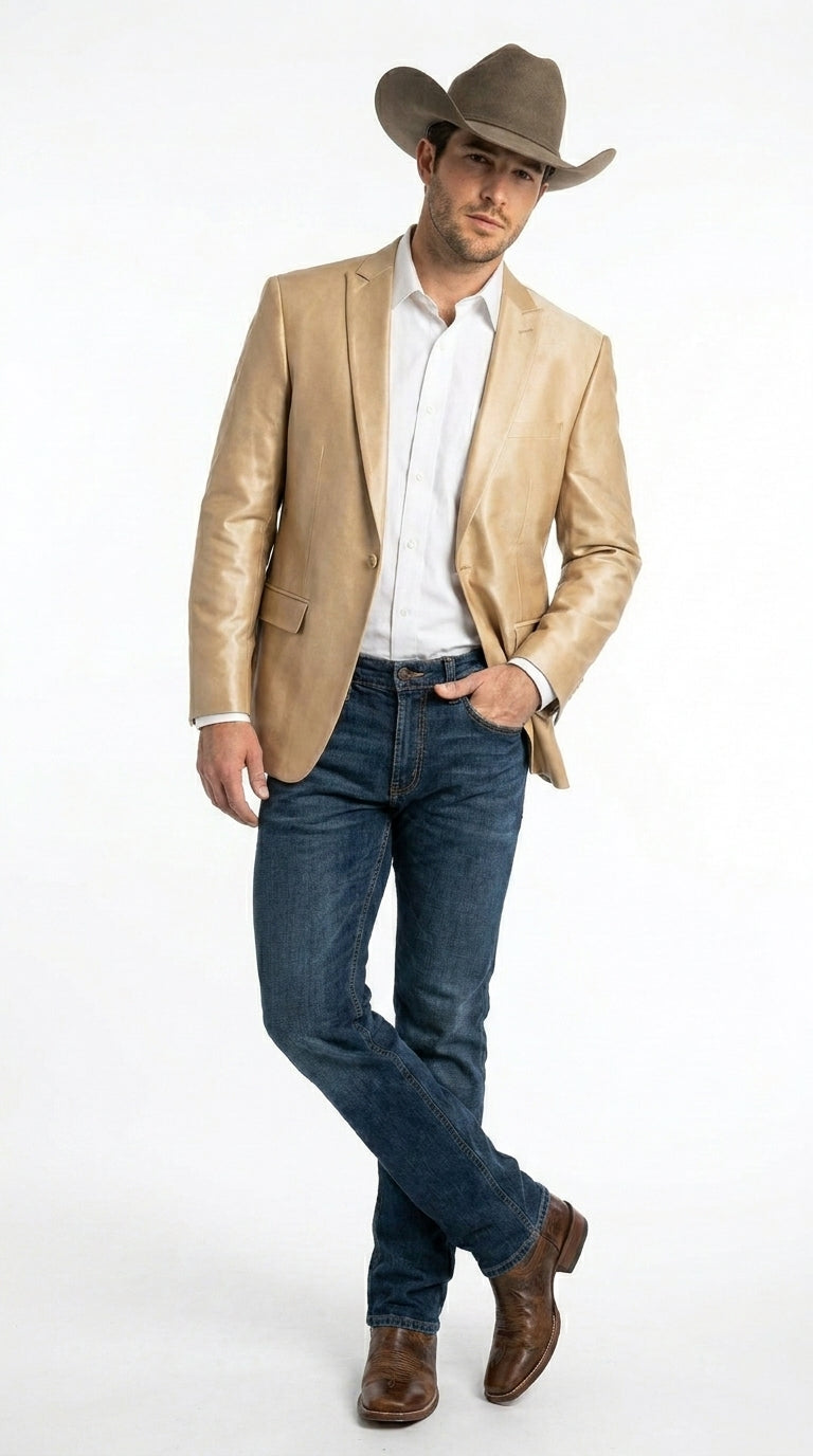 Men’s Champagne Gold Western Blazer, Formal Cowboy Wedding Ranch Sport Coat Jacket tan beige color sheen sharkskin fabric - 36 Short