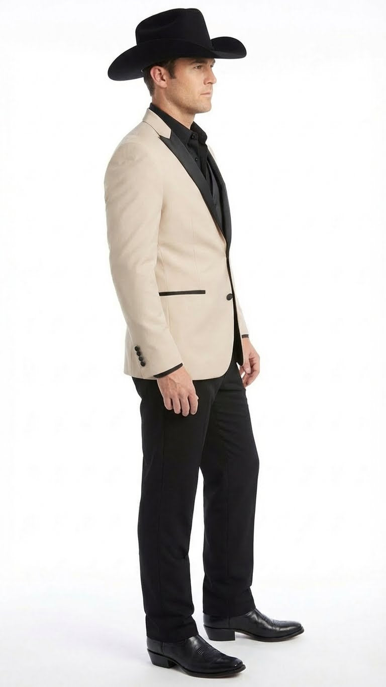 Men's Light Tan and Black Lapel Western Tuxedo Suit Set Wedding Party Cowboy Dress Tuxedo Black Pants - 34 Short or Extra Small