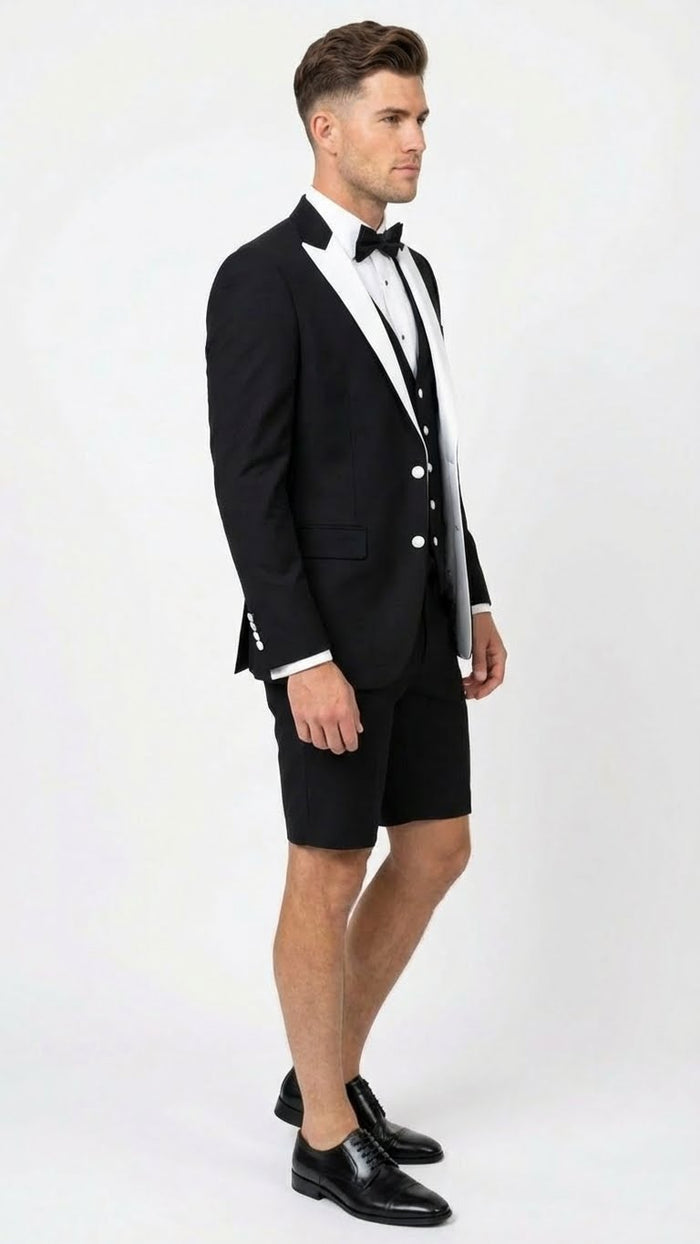 Mens Black and White Tuxedo Shorts Suit Modern Formal Tuxedo with Short Pants for Wedding, Party and Special Events