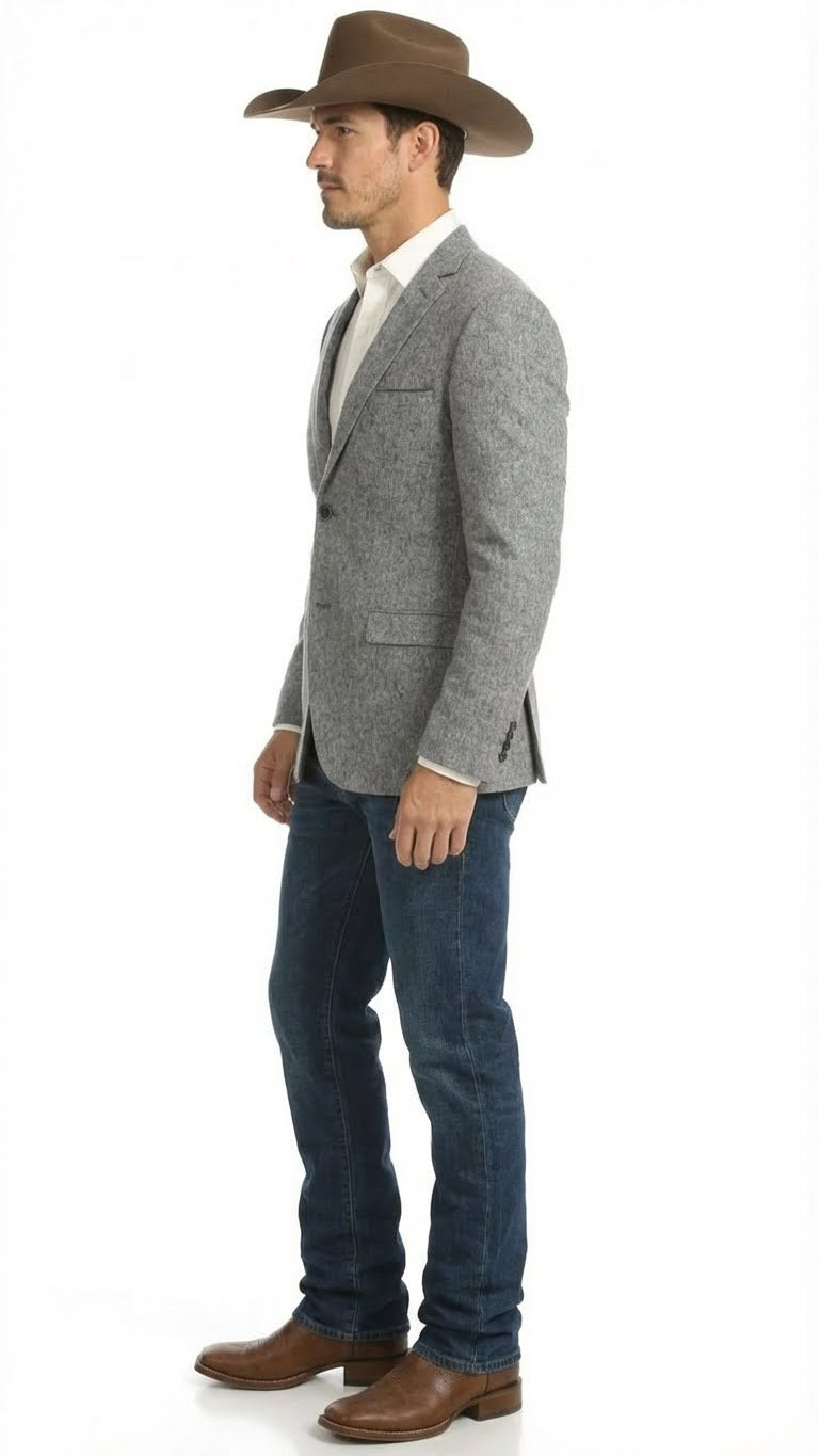 Men's Grey Tweed Herringbone Western Blazer Jacket  Style Look, Textured Formal Casual Sport Coat for Jeans - 34 Short or Extra Small