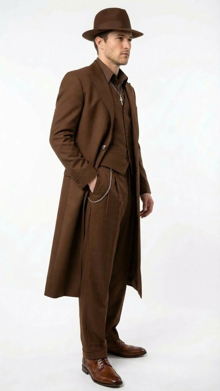 Men’s Brown 1920s Zoot Suit – Long Gangster Mafia Zuit Vintage Three-Piece Costume Set Pachuco Style - 34 Short or Extra Small