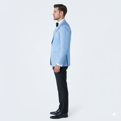 Mens Light Blue Paisley Tuxedo Jacket Elegant Satin Shawl Lapel Dinner Blazer for Weddings, Proms in Sky Powder Blue Color Bowtie