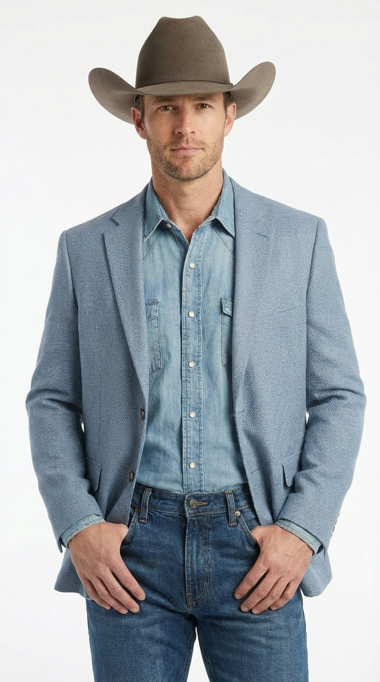 Mens Rugby Teal Baby Sky Western Blazer – Cowboy Style Casual Sport Coat for Men Classic Western Jacket in Light Blue Color - 36 Short