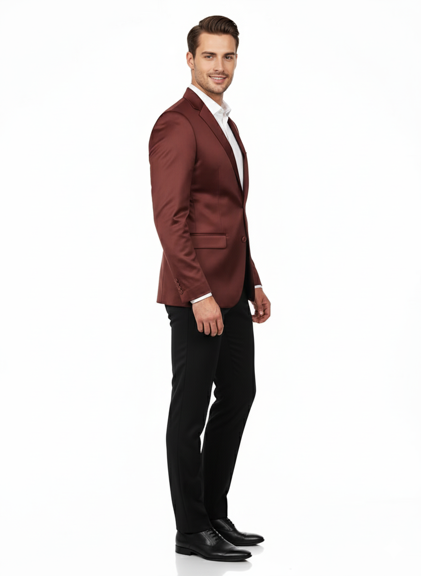 Men’s Slim Fit Maroon Satin Blazer – Elegant Two-Button Formal Suit Jacket for Weddings, in Maroon Wine Color - Maroon