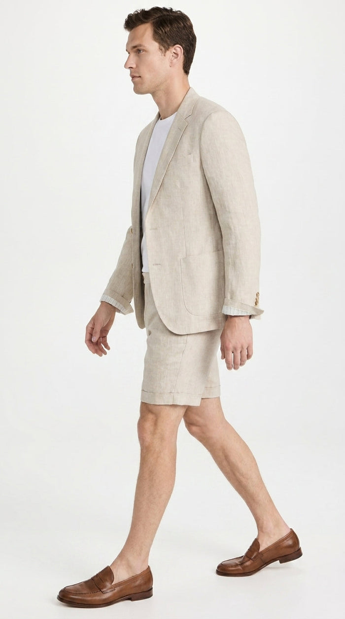 Men’s Tan Linen Suit with Shorts, 2 Piece Summer Short Suit, Casual Beach Wedding Outfit