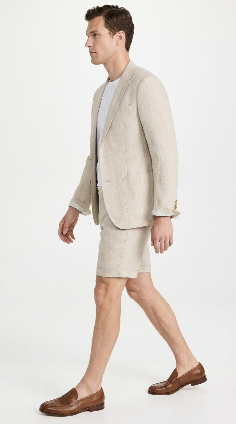 Men’s Tan Linen Suit with Shorts, 2 Piece Summer Short Suit, Casual Beach Wedding Outfit