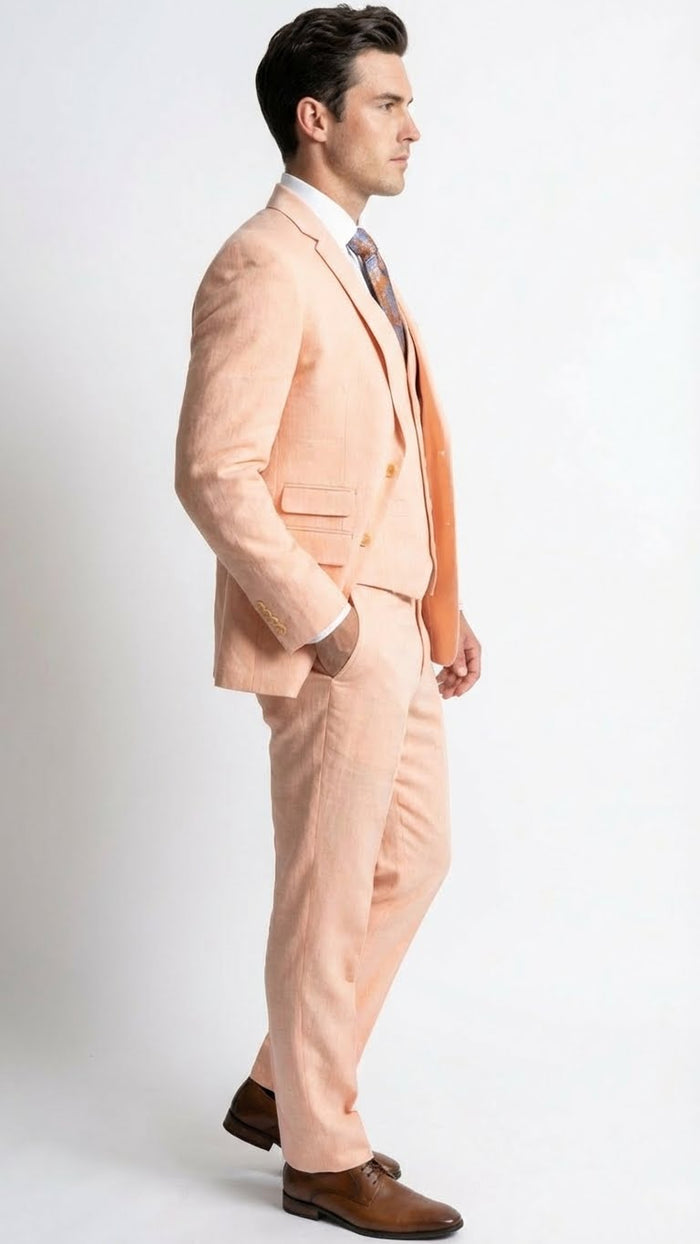 Mens Light Peach 3 Piece Suit Set with Vest, Prom Wedding Dress Suit