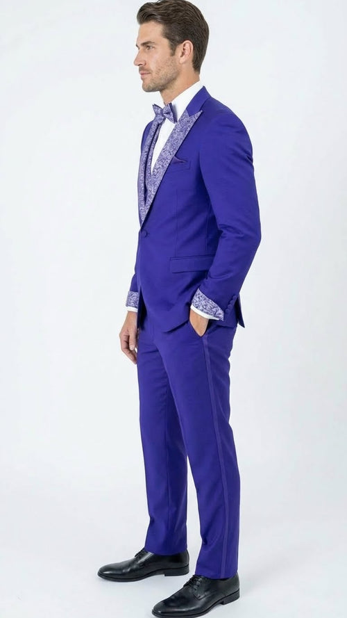 Mens Purple and white sivler lapel  Embellished Tuxedo Suit Formal Wedding, Prom, and Gala Outfit Mardi Gras