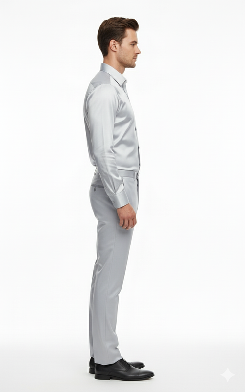Mens Silver Satin Dress Shirt and Pants Set Luxury Slim Fit Outfit for Parties, Weddings, and Formal Events