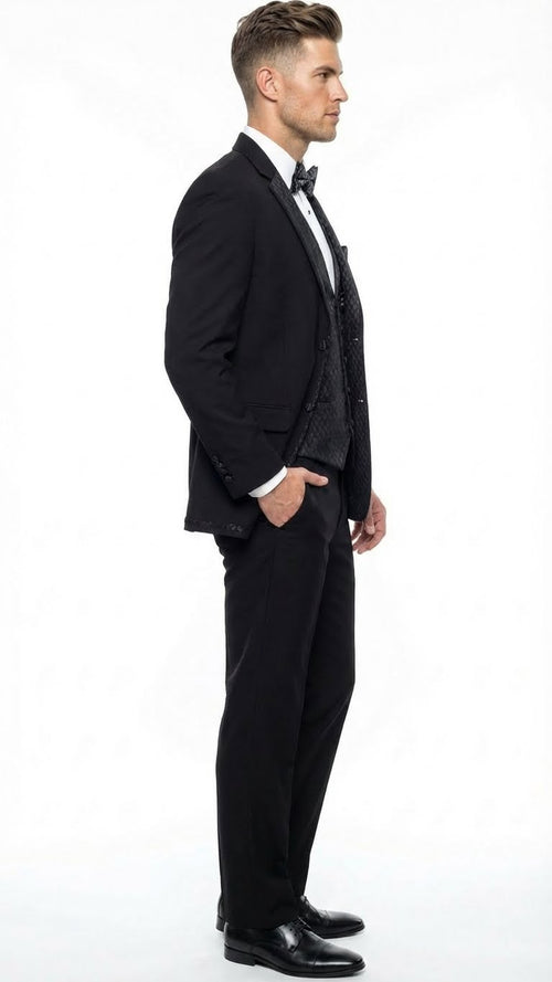 Men's Black Vested Tuxedo Suit with Patterned Lapel Classic Formal Suit for Wedding, Party and Evening Events