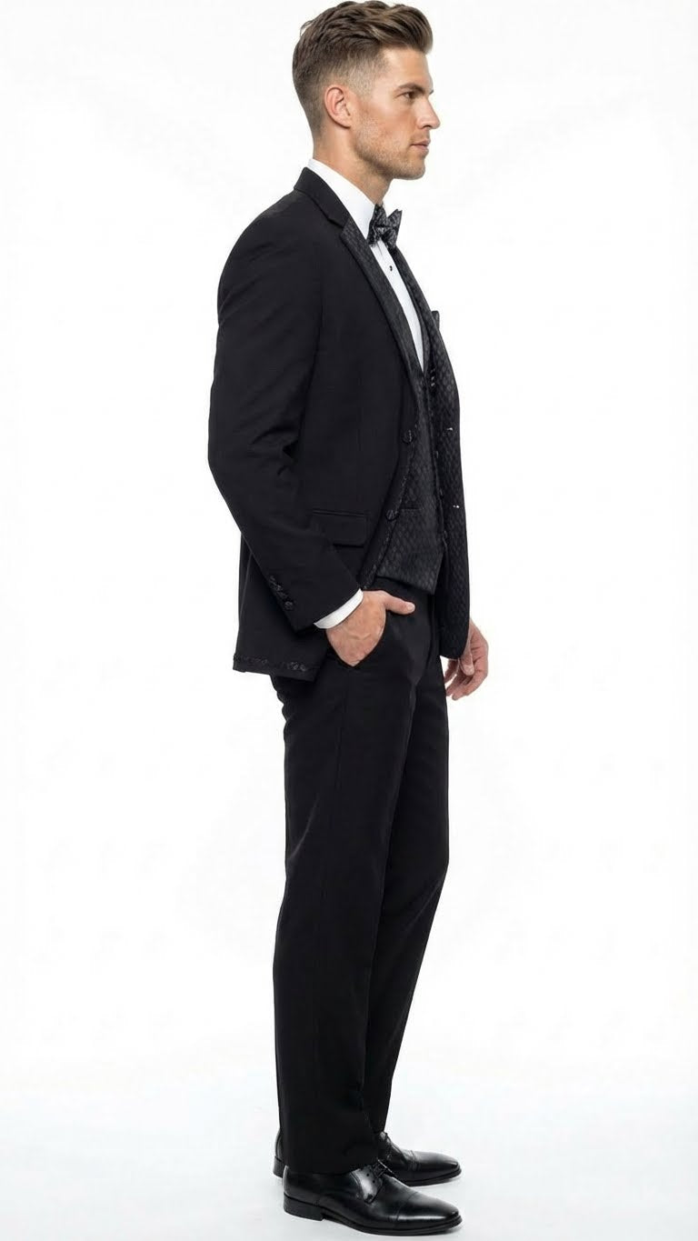 Men's Black Vested Tuxedo Suit with Patterned Lapel Classic Formal Suit for Wedding, Party and Evening Events