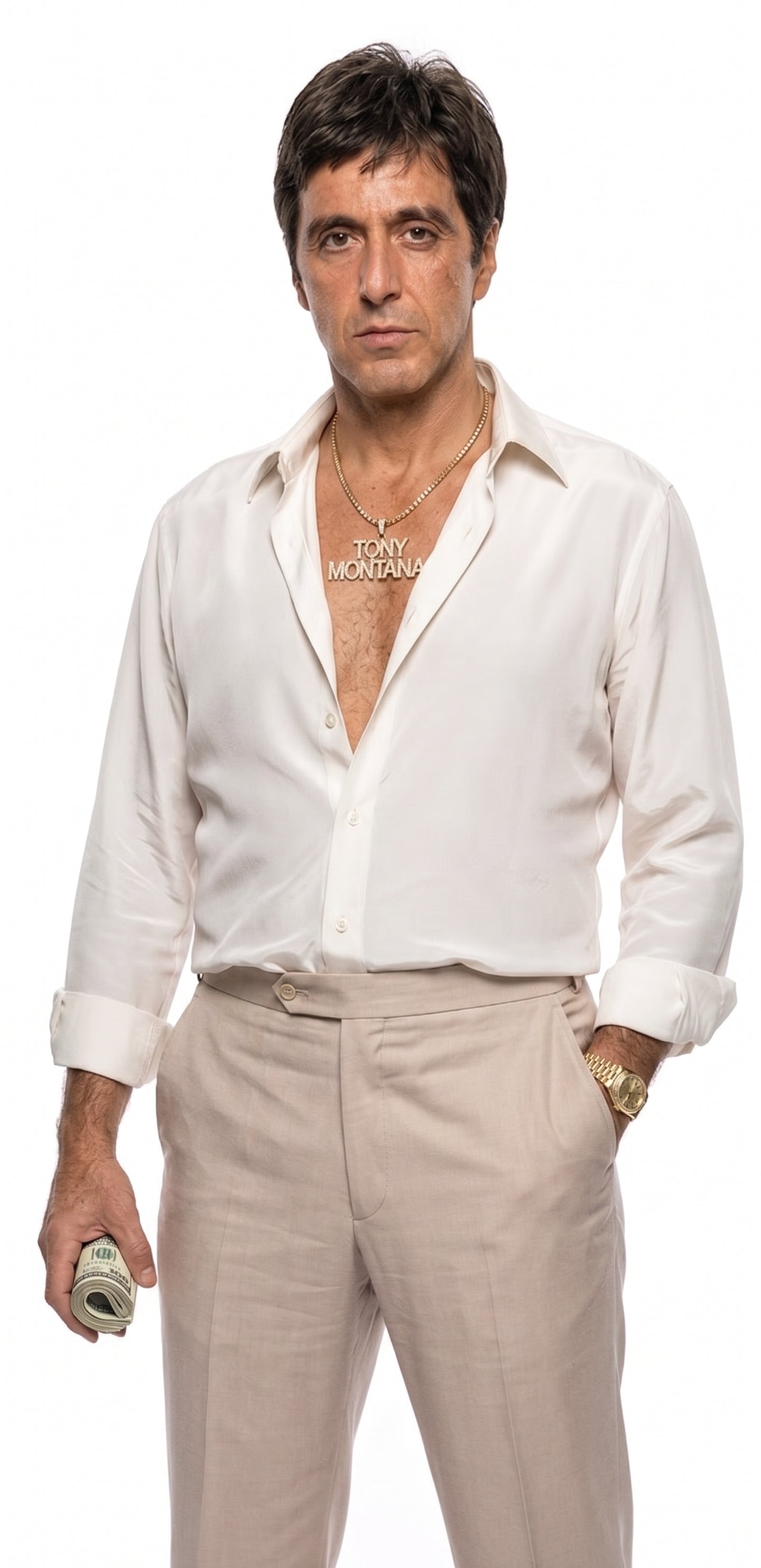 Tony Montana’s White Linen Shirt and Tan Pants – Men’s White Formal Shirt with Tan Trousers for Party, Wedding and Vintage Style Outfit - 15.5” Neck / 32-33” Sleeve