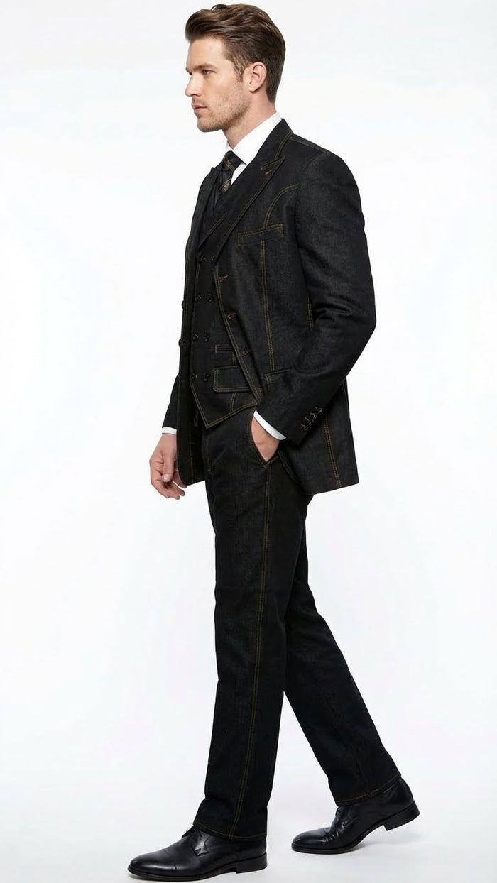 Men's Black Denim Fabric Suit Classic Three Piece Denim Suit for Wedding, Prom and Church Wear