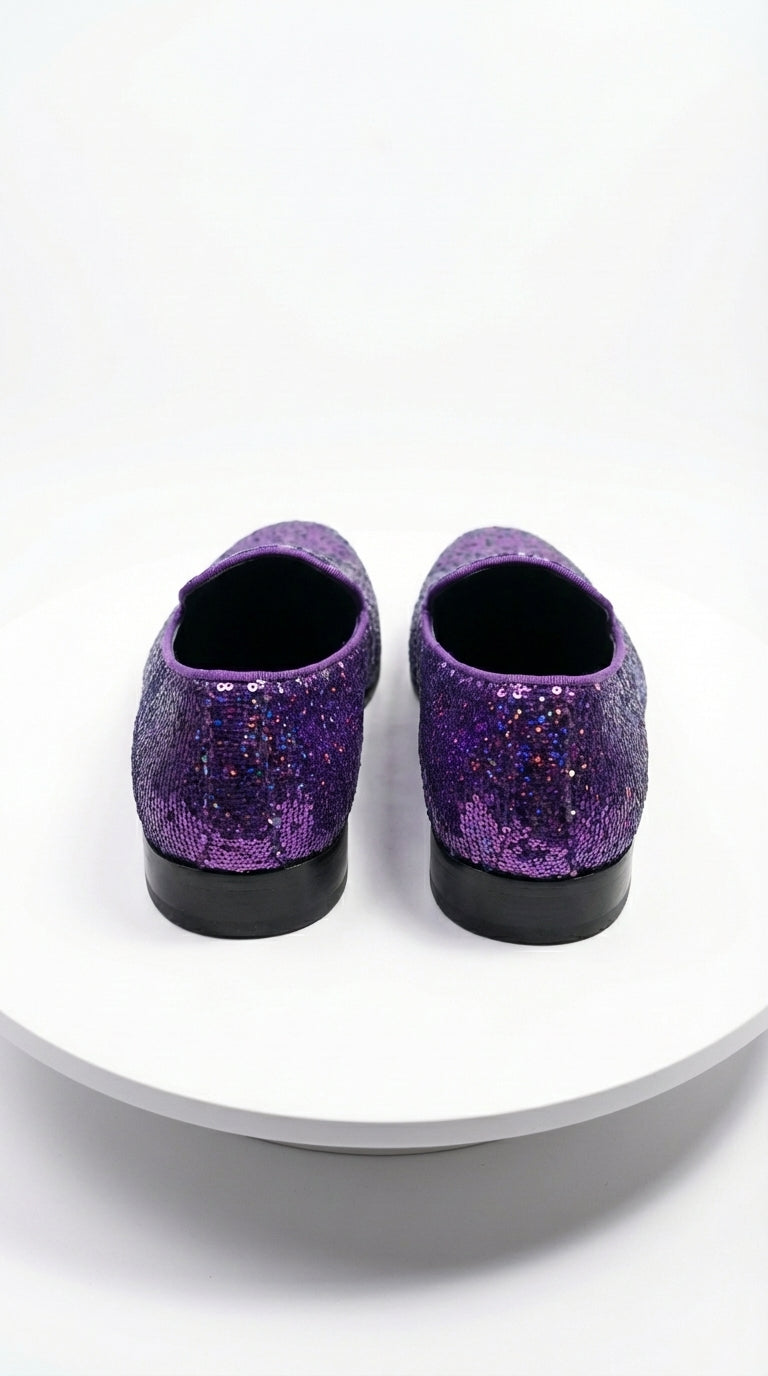 Mens Purple Sequin Dress Shoes Slip on  – Luxury Slip On Formal Loafers Wedding Prom Party Designer Footwear - 6 Standard / D / Medium