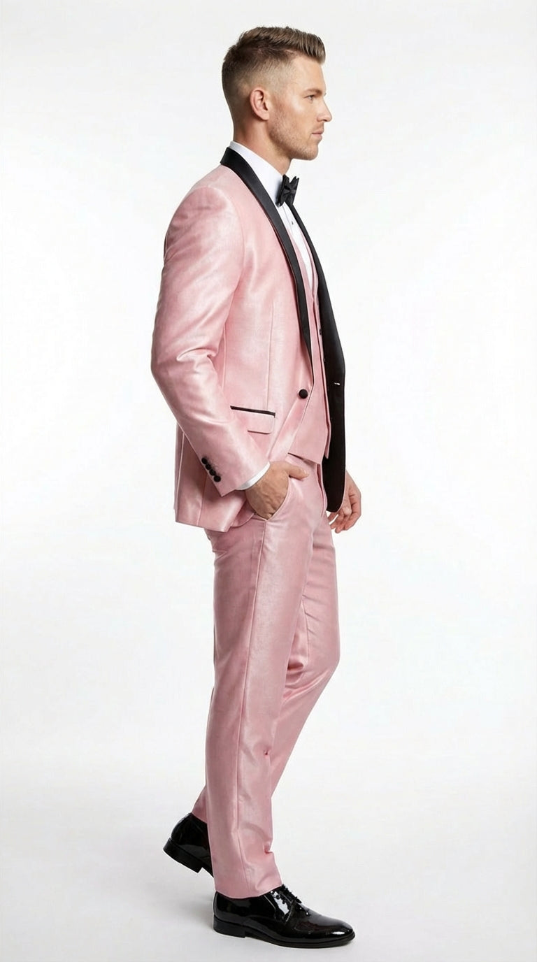 Men’s Blush Pink Shiny 3 Piece Suit with Black Shawl Lapel | Light Pink Prom Suit Sharkskin Fabric - Ultra Slim Fit - 34 Short or Extra Small