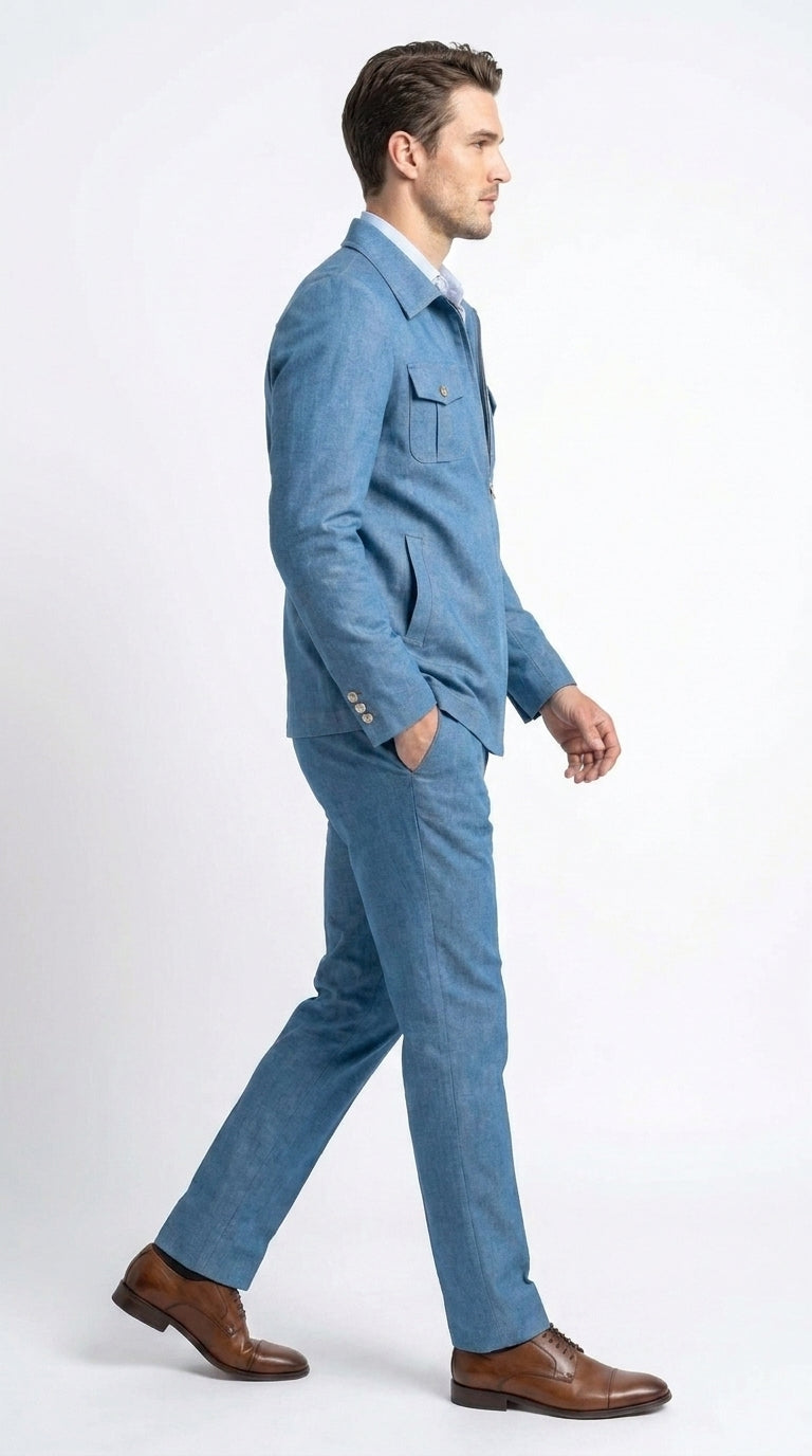 Men’s Light Blue Walking Suit – 2 Piece Casual Leisure Set with Zip Front Jacket Denim Style - Small