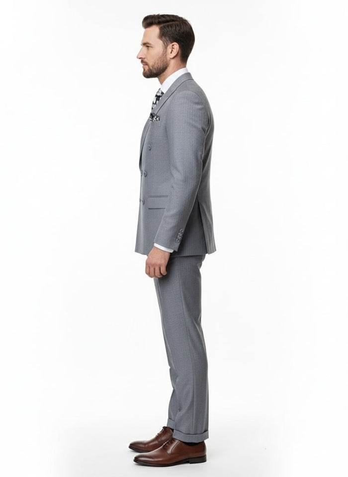 Mens Grey Tone on Tone Double-Breasted Suit Classic Slim Fit 2 Piece Formal Business Gray Shadow Stripe