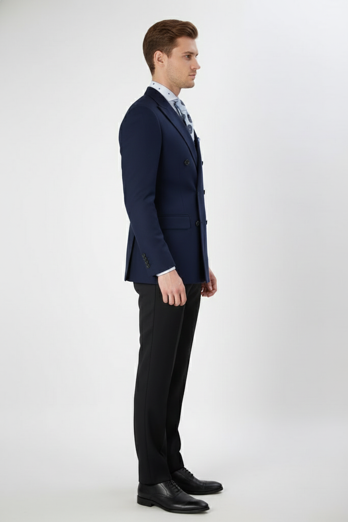 Mens Navy Blue Double-Breasted Blazer - Suit Jacket Premium Tailored Fit Formal Wedding and Business Sport Coat