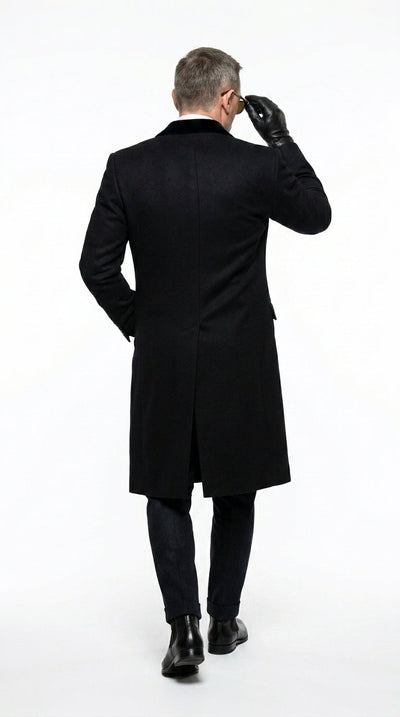 Men’s Black Double Breasted Overcoat, James Bond Inspired Long Formal Coat for Weddings, Business Events, Parties, and Winter Occasions