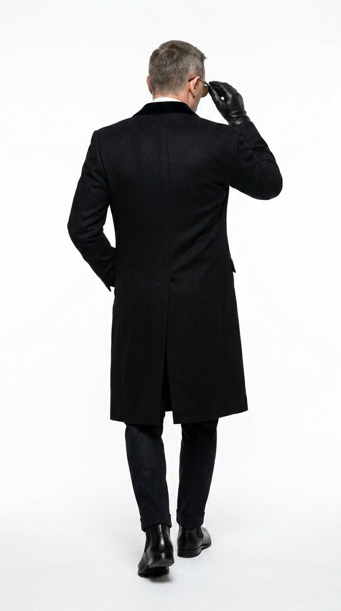 Men’s Black Double Breasted Overcoat, James Bond Inspired Long Formal Coat for Weddings, Business Events, Parties, and Winter Occasions