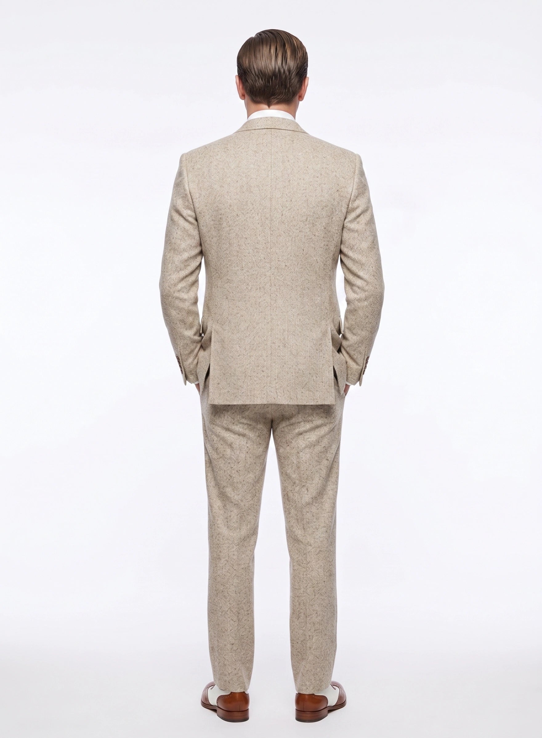 Men’s Light Tan Tweed Great Gatsby 3 Piece Suit – Vintage Vested Wedding Suit, 1920s Classic Formal Outfit Herringbone - 34 Short or Extra Small